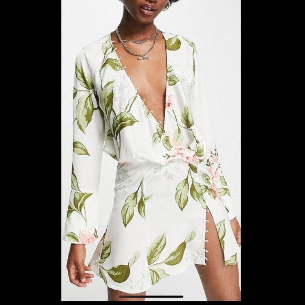 ASOS DESIGN Bias Cut Drape Mini Dress w/ Button Detail in Rose Print